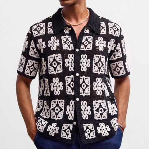 Mens black and white plaid color-block crochet hollow-out knit sweater with short sleeves and slim fit