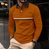 Button-down long-sleeve men's sports polo shirt with striped pattern in multiple colors