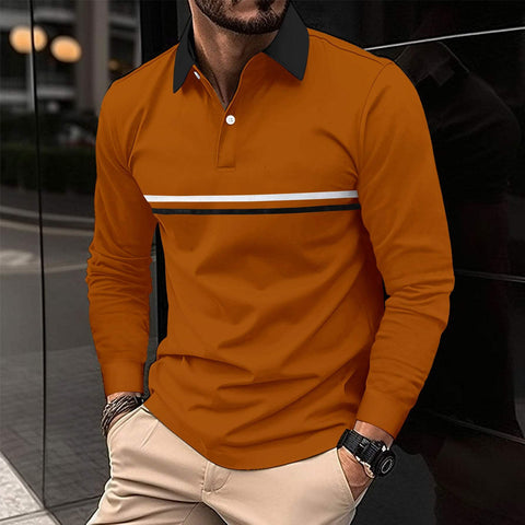 Button-down long-sleeve men's sports polo shirt with striped pattern in multiple colors