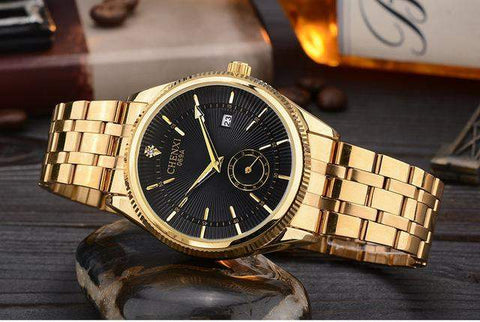 Quartz watch with black strap on wrist