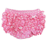 Girls pink polka dot ruffled butt bloomer diaper cover for babies and toddlers