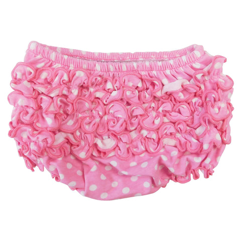 Girls pink polka dot ruffled butt bloomer diaper cover for babies and toddlers
