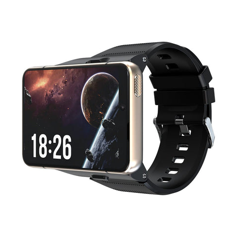 High-end large-screen 4G Android smartwatch S999 with silica gel wristband in black and gold colors displaying health monitoring and remote selfie control features
