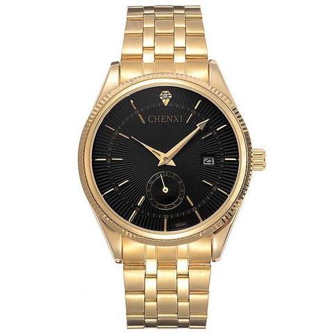 Close-up of a quartz watch with a black strap on a wrist