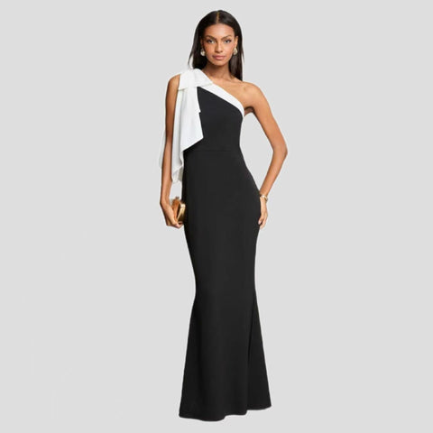 Black slim-fit women's off-shoulder slanted dress with sleeveless design and patchwork polyester fabric