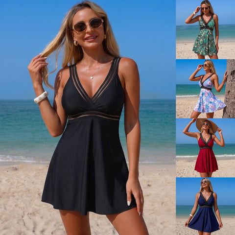 Woman wearing sexy high-waisted hollowed-out two-piece swimsuit in various colors and patterns