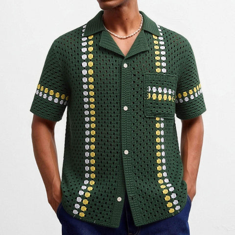 European and American men's green striped crochet knit sweater with short sleeves and loose fit