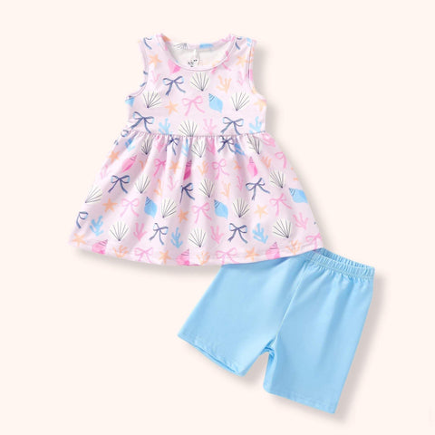 Seaside Sweetheart baby girl 2-piece outfit with ocean-themed peplum top and sky-blue shorts for summer toddler clothes