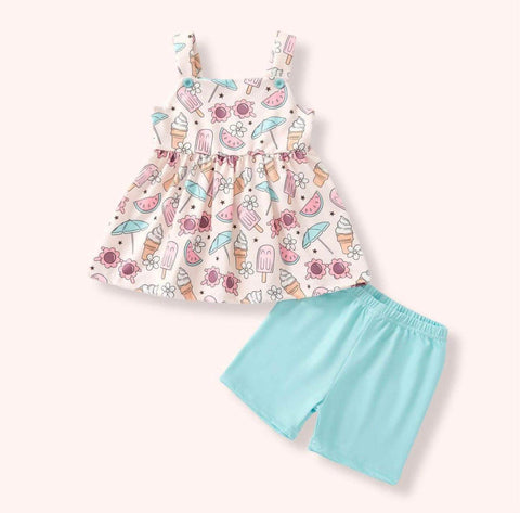 Toddler girl wearing floral tank top and aqua shorts set size 10-12 years