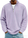 Lavender casual quarter-zip pullover in ribbed corduroy with a silver zip, stand collar and long sleeves with ribbed cuffs