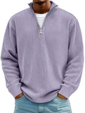 Men's casual quarter-zip pullover in lavender ribbed corduroy with a stand collar, silver zip and ribbed cuffs