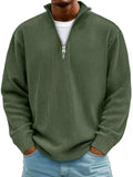 Men's green corduroy casual quarter-zip pullover with vertical ribbed texture, stand collar, silver zip and long sleeves