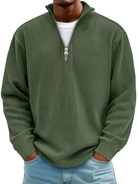 Men's green corduroy casual quarter-zip pullover with vertical ribbed texture, stand collar, silver zip and long sleeves