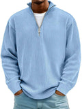 Men's light blue corduroy casual quarter-zip pullover with a stand collar, silver zip and ribbed cuffs and hem