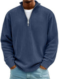 Men's navy blue corduroy casual quarter-zip pullover with vertical ribbed texture, stand collar, silver zip and long sleeves