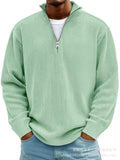 Men's mint green corduroy casual quarter-zip pullover with stand collar, silver zipper and ribbed long sleeves