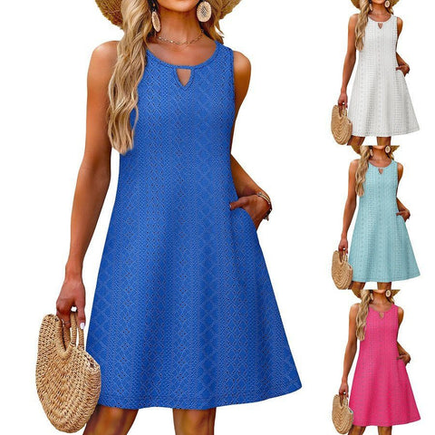 Sleeveless solid color hollow-out eyelet V-neck casual slip dress in white midi length