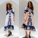 Womens casual white printed drawstring A-line dress with three-quarter sleeves and loose waist