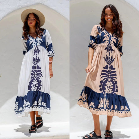Womens casual white printed drawstring A-line dress with three-quarter sleeves and loose waist