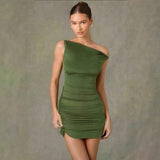 elegant army green one-shoulder fitted midi summer dress