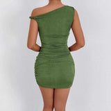 elegant one-shoulder army green fitted midi dress