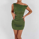 elegant army green one-shoulder fitted midi summer dress