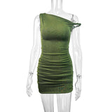 elegant army green one-shoulder bodycon midi dress