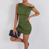 Elegant army green one-shoulder fitted midi dress